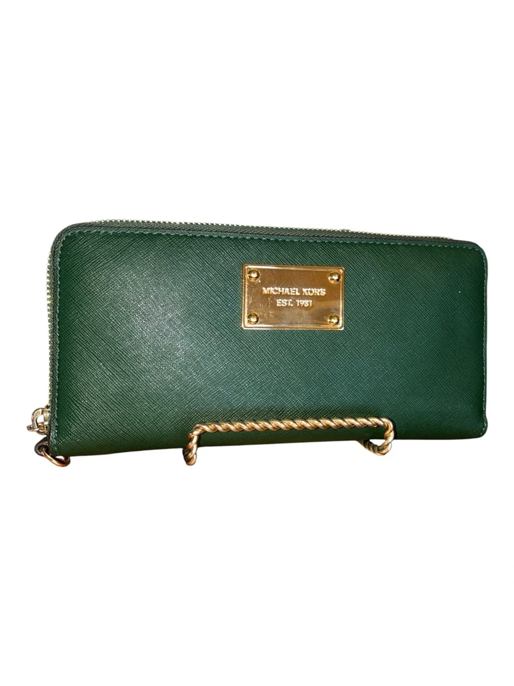 Michael Kors Forest Green Saffiano Zip-Around Wallet with Gold Plate